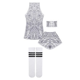 LOLANTA Girls Dance Costume, Kids' Sequins, Glitter, Hip Hop Dance, Clothes, 4 Piece Set, 4 Piece Set, 4 Piece Set, 43.3 - 63.0 inches (110 - 160 cm), Silver