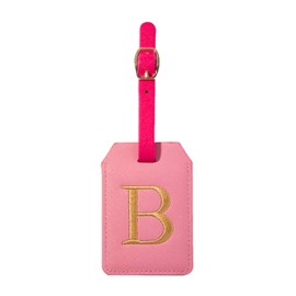 Initial Luggage Tag, PU Leather Baggage Tag, Monogrammed Luggage Tag, Letter Travel Tag, Bag Tag, ID Tag, Travel Accessory Luggage Identifier (Pink Leather+Gold Letter, B Letter)