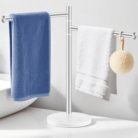 Hand Towel Holder for Bathroom, Stainless Steel Double Hand Towel Holder Stand with Marble Base for Kitchen Countertop, Freestanding Brushed Nickel 360° Swivel 2 Arms Towel Bar Drying Rack, YOFOVI