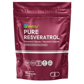Wellthy Pure Resveratrol 90 Cápsulas. 1200mg por Porción, 45 Porciones por Envase, VCaps Cápsulas Veganas, Bottle Free