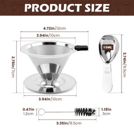 Pour Over Coffee Dripper,Upgraded Double Micro Mesh Filter With Cleaning Brush & 15g Measuring Scoop,Stainless Steel Reusable Coffee Filters Metal Cone-Filter Paperles(1-2cups)