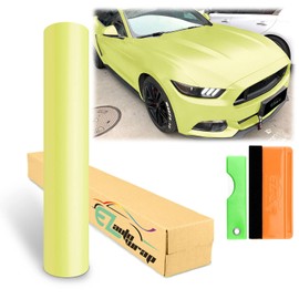 12"x60" (1FTx5FT) Neon Yellow Matte Metallic Satin Pearl Vinyl Wrap Sticker Sheet Film Car Auto Vehicle DIY Decal Bubble Free Air Release Self Adhesive Peel and Stick Free Tool Kit
