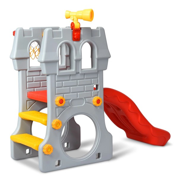 Costway 2-Step Children Play Castle Slide Basketball Hoop Telescope Toy