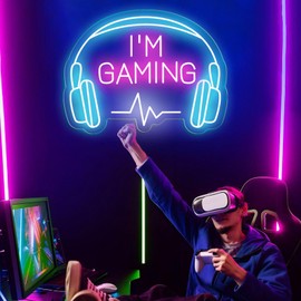 Gamer Neon Sign I'm Gaming Neon Light Up Sign for Game Room Wall Decor Headphones Shaped Led Gaming Sign for Teen Boys Room Decor USB Powered Gamer Gift for Boys Kids Teens(14.56inch*11inch)