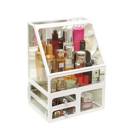 MOOCHI White Vintage Glass Cosmetic Makeup Organizer 3 Drawers Set Dust Waterproof Cosmetics Storage Display Case Countertop for Brushes Lipsticks Jewelry