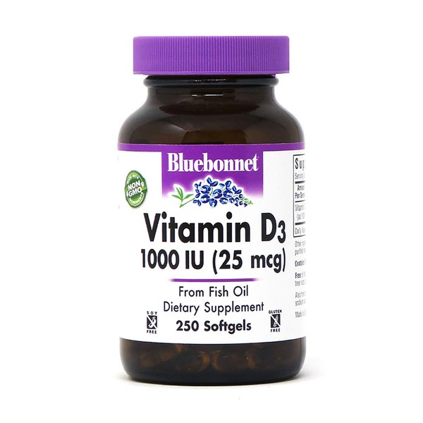Bluebonnet Nutrition Vitamin D3 1000 IU Softgels, Aids in Muscle and Skeletal Growth, Cholecalciferol from Fish Oil, Non GMO, Gluten Free, Soy Free, Dairy Free, 250 Softgels