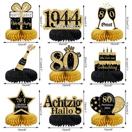 80th Birthday Man 9 Pieces Black Golden Honeycomb Centrepiece Table Decoration Birthday, 80th Birthday Decoration, 80th Birthday Party Decoration for Women and Men, Gifts for Men Birthday (German)
