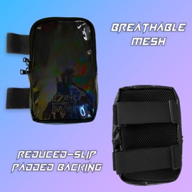 Holographic Thigh Bag w/Inner Pockets & Mesh Backing - Double Zipper Carnival Thigh Bag for Women - Iridescent Leg Bag - Reflective Phone Holder (Black)