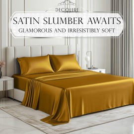 DECOLURE Satin Bed Sheets - 3 Piece Luxury Silky Twin Size Bedding Set - Softer Than Silk, Wrinkle-Free with 15” Deep Pocket Fitted Sheet, Perfect for Hair & Skin, Gifts for Women (Gold)