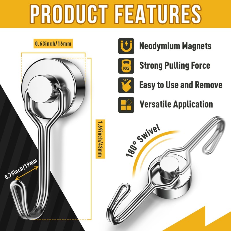 Junarter 10 Pack Magnetic Hooks for Hanging, 25LBS Neodymium Magnet