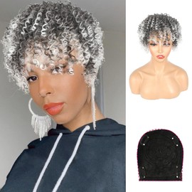CINHOO Gray Curly Hair Topper for Thinning Hair ponytail with Bangs for Black Women,Clip on Ponytails Hair Piece Salt and Pepper Hair Extensions Toupee for Women,Men(1B/Gray)