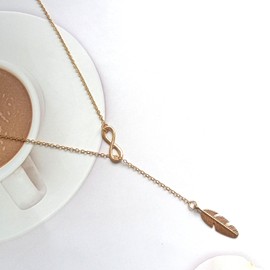 Faruodis Leaf Infinity Pendant Necklace Vintage Feather Lucky 8 Y-Shape Necklace Lariat Minimalist Chain Jewelry for Women Girls (Gold)