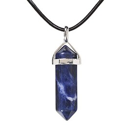 Justinstones Natural Sodalite Gemstone Hexagonal Pointed Reiki Chakra Pendant Genuine Leather Necklace 18 Inch