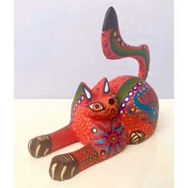 ALKIMIA INC Mexican Alebrije Cat Wood Carving Handcrafted Sculpture (Orange)