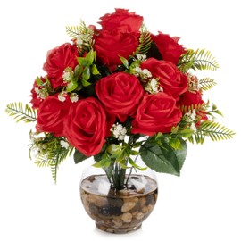 ENOVA FLORAL 18 Heads Silk Rose Artificial Flowers in Vase,Faux Rose Flowers Arrangement in Round Bowl Vase with Faux Water and River Rock for Table Decor Centerpieces (Red)