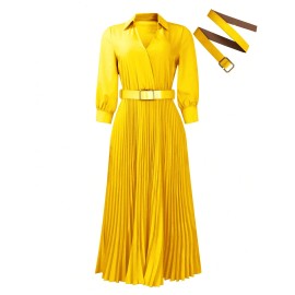 Trendy Women Spring Dresses Lady Elegant Long Sleeve V-Neck Pleated Dress Office A-Line Dresses with BeltColor: Yellow, Size: L