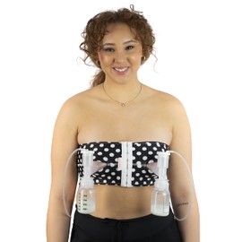 Hands Free Pumping Bra | Snugabell PumpEase adjustable and comfortable pumping bra made with spandex technical fabric, supports two breast pumping bottles & flanges | Black & White Polka Dots Size M