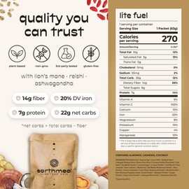 Superfood Oats - 20+ Superfoods + 14 Grams of Fiber Per Serving, Gluten Free High Fiber Oatmeal With Cacao Nibs, Chia Seeds, Cinnamon, Lion’s Mane, Reishi, Ashwagandha – Vegan Superfood Breakfast - Lite Fuel (Pack of 5)