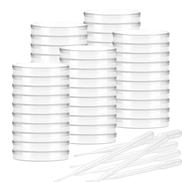 Bekith Petri Dishes with Lids, 50 Pack 90mm Dia x 15mm Deep Plastic Sterile Container, 50 Pack Plastic Transfer Pipettes(3ml)