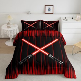 Feelyou Lightsaber Comforter Set Full Size Kids Red Ombre Comforter for Boys Teens Lightsaber Grommet Bedding Set Future Technology Duvet Set Room Decor Quilt Set