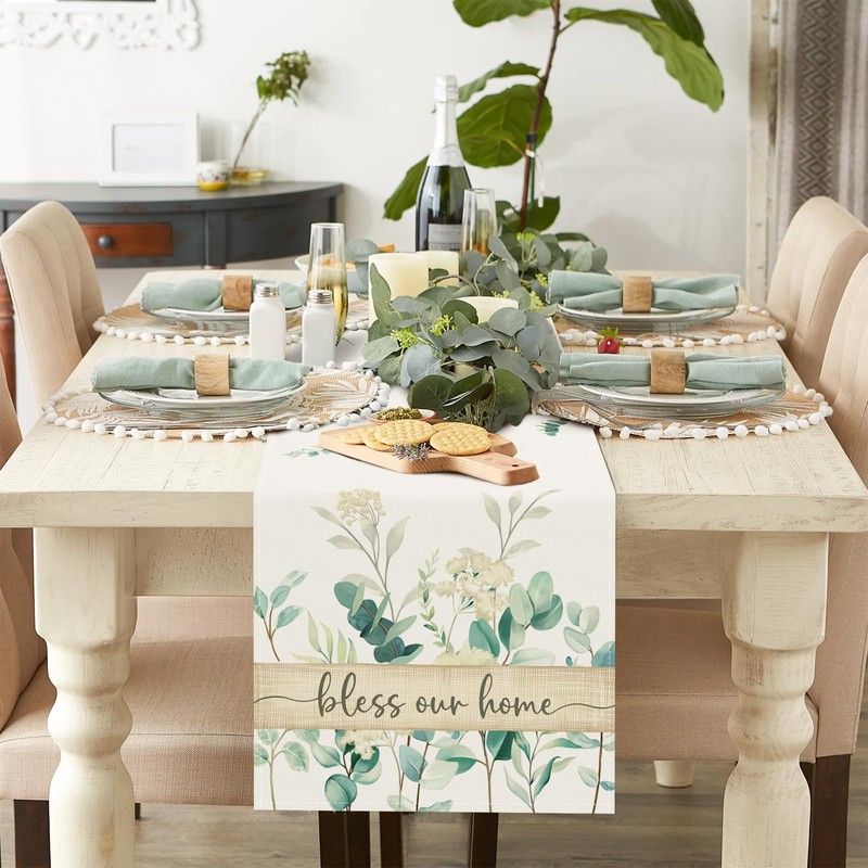 Bonhause Eucalyptus Leaves Table Runner 13x90 Inch Green Plants White