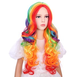 WAVELNM Kids Rainbow Wig Colorful Wavy Curly Wig for Child Girls Multi-color Middle Part Wig Kids Cosplay Wig Child Synthetic Wigs with Wig Cap