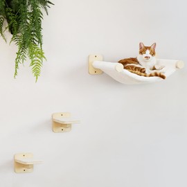 FUKUMARU Cat Wall Hammock with Two Steps Set, Modern Cat Climbing Shelves Furniture, Kitty Bed with Thickened Fabric for Sleep, Climb and Play