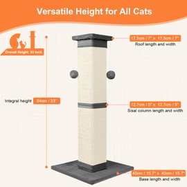 Cat Scratching Post 33 Inch Nature Sisal Scratch Post for Indoor Cats, Large Cat Scratcher Protect Your Furniture, for All Breeds Grey