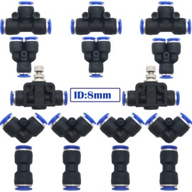 Pneumatic Connector, CESFONJER 16 Pieces Air Push Quick Fittings Kit, for 8 mm PU/PE/Nylon Pipe (Y+T+L+I Type + Pipe Throttle Valve Combo)