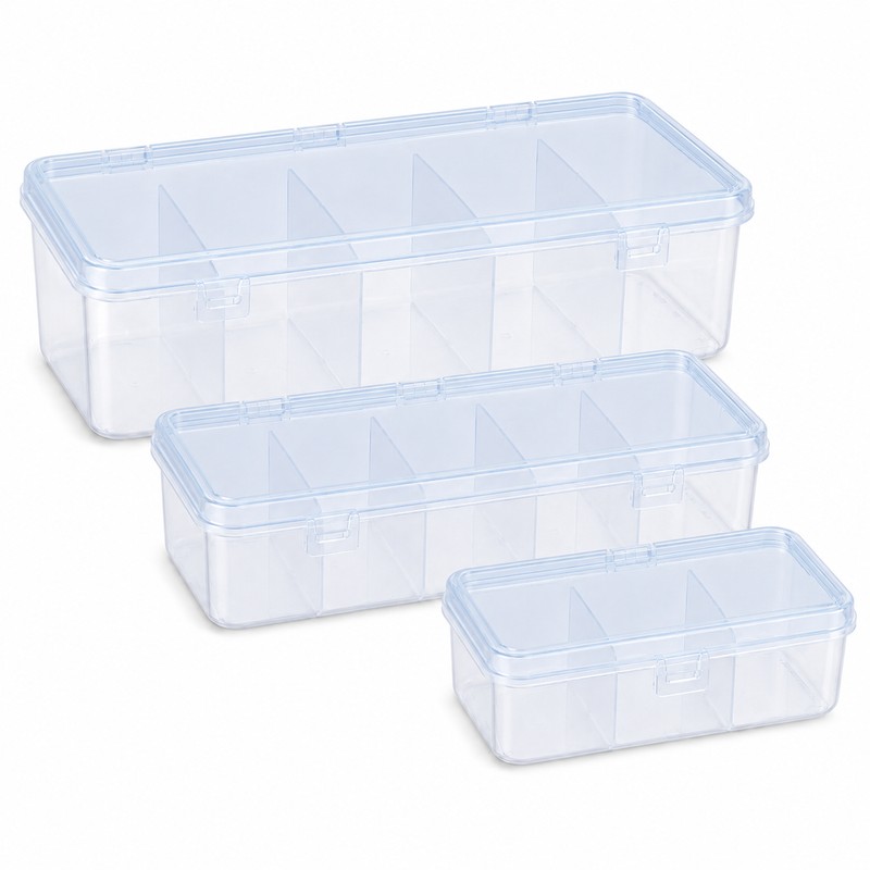 3-Pack Transparent Cable Organizer Storage Boxes with Lids and Dividers