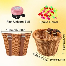 FSWWSF Children's Bicycle Basket Removable Basket Children's Bicycle Handlebar Basket Bicycle for Children with Leather Straps and Spokes, Bells Wicker Basket Children
