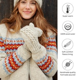 Pachamama Women Wool Mittens Fleece Lined Handknitted Cable Plain One-Size Handmade Extra Warm Fair Trade (Wool, Oatmeal)