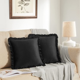 GIGIZAZA Velvet Black 16x16 Pillow Covers, Set of 2 Decorative Ruffle Cushoin Pillow Covers for Sofa Couch