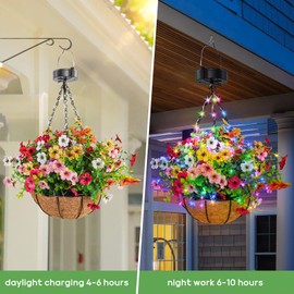 GOESWELL Hanging Artificial Flowers Basket for Outdoor: Fake Hanging Plant Basket with Solar Lights for Porch - 10 Inch Hanging Baskets with Daisy Pink Faux Flowers for Garden Patio Yard Outside