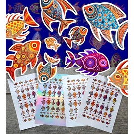 Paquete de pegatinas (más de 150 pegatinas), bonitos dibujos de dibujos animados coloridos de peces de estilo clásico, pequeñas pegatinas de vinilo holográficas blancas transparentes