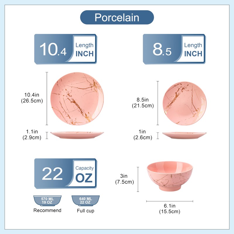 LOVECASA Pink Dinnerware Sets for 4, 12 Piece Porcelain Plates
