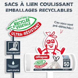alfapac - 10 Müllbeutel, 50 l, mit Schiebeverschluss, Sortierung von recycelbaren Verpackungen, transparent, hergestellt in Frankreich, Bi-Material recycelt & pflanzlich