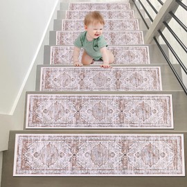 Ileading Non Slip Stair Treads for Wooden Steps Set of 4, 30" X 8" Rubber Backed Stair Carpet Strips Boho Indoor Stair Runner Rug Mat Soft Staircase Step Covers for Kids Elders Dogs, Beige