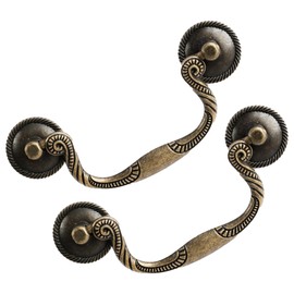 HOUSEHOOK Antique Brass Drop Bail Drawer Pulls 4 Pack, 3-5/8" Hole Center, Decorative Cabinet Handles with Rope Edge Design, Vintage Style Furniture Hardware for Dresser