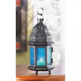 Accent Plus Candle Lantern Blue Glass Windows Black Moroccan Iron Frame Accent Decor 10" H