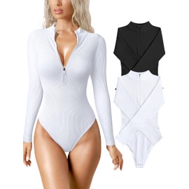 OQQ Women's 2 Piece Bodysuits Sexy Ribbed One-Piece Zip Front Long Sleeve Tops Bodysuits, black, white
