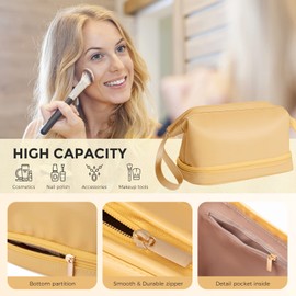 Luvtoo PU Portable Travel Cosmetic Storage Bag, Large Capacity Bag, Waterproof Storage Bag, Multifunctional Cosmetic Bag for Women Girl Brown Double Layer