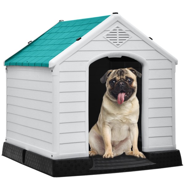 DWVO Large Outdoor Dog House, Plastic Doghouse with Air Vents and Ground Nails, Insulated Water Resistant Puppy Shelter for Small Medium Dogs (28.5''L x 26''W x 28''H, Blue)