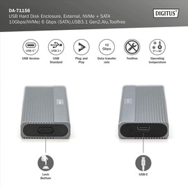 DIGITUS M.2 SSD Enclosure - USB 3.1 Gen2 Type-C - Up to 10Gbps - For SATA & NVMe SSDs up to 8TB - For 2230/2242/2260/2280 SSDs - Tool-Free - Aluminum Housing - Plug & Play - Grey