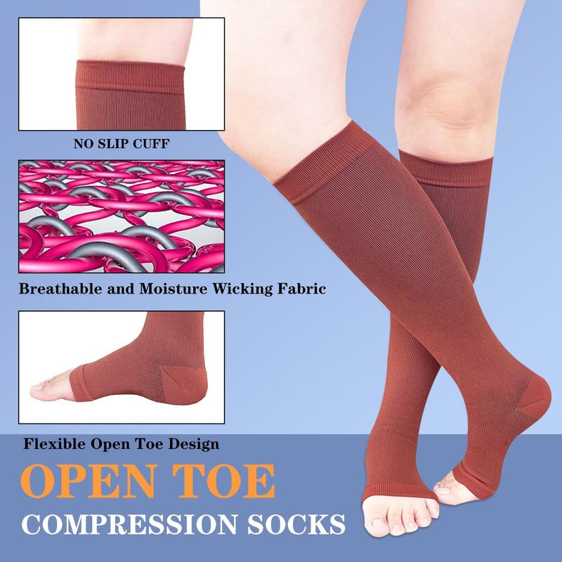 Open Toe Compression Socks 2 Pairs 15-20mmHg Support Circulation Medical