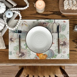 Artoid Mode Watercolor Pumpkins Leaves Sunflowers Autumn Placemats Set of 4, 30 x 45cm Fall Table Mats for Party Kitchen Dining Decoration