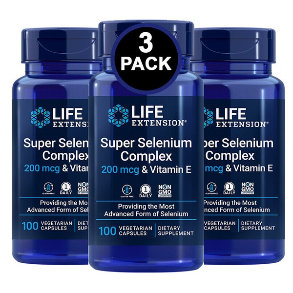 Life Extension Super Selenium Complex 200 mcg & Vitamin E -100 VCaps -3 Bottles