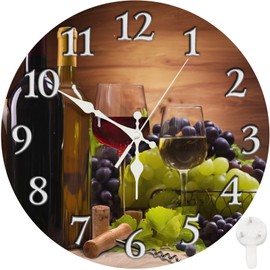 Britimes Round Wall Clock Silent Non-Ticking Battery Operated Clock 10 Inch, Glasses Red White Wine Grapes Home Decor for Living Room, Kitchen, Bedroom, and Office