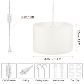 PATIKIL Plug in Pendant Light, 15Ft Rope Cord Hanging Lamp Fixture with ON/Off Switch, Linen Fabric Shade E26/E27 Bulb Socket for Bedroom Kitchen Living Room, Beige White