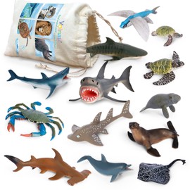 Volnau Sea Creature Toys Figures 14PCS Atlantic Ocean Shark Animals Figurines for Toddlers Kids Christmas Decoration Gift Plastic Fish Preschool Pack and Bath Set